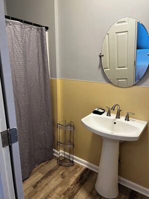 Hair dryer, towels, soap, toilet paper