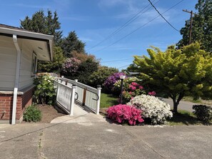 A residential house with a front porch, a white fence, and a variety of flowering bushes.