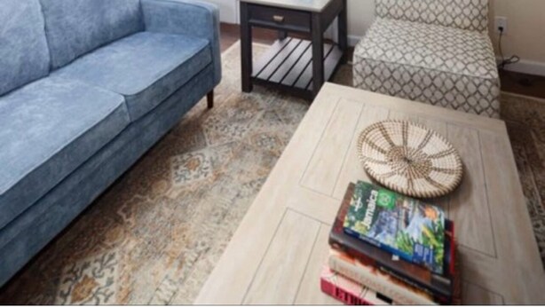 A living room with a blue sofa, a patterned armchair, a coffee table with books, a small table with a vase, and a large abstract painting on the wall. - Charming villa with AC in Renton - perfect for large groups (Renton)
