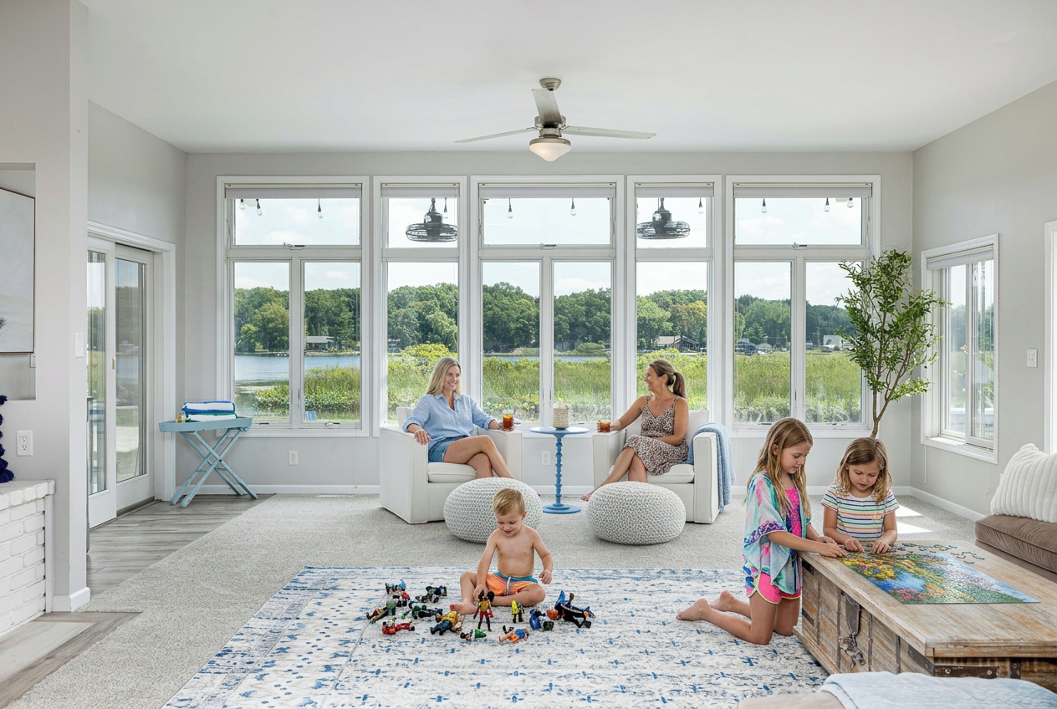A spacious room with large windows, a ceiling fan, and a puzzle table.