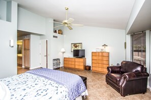 Une chambre à coucher avec un lit, un canapé en cuir, une télévision et un ventilateur de plafond.
