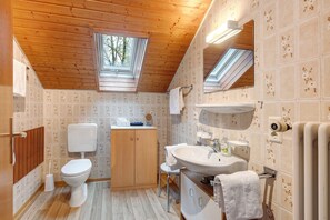 A bathroom with a wooden ceiling, a skylight, a toilet, a sink, and a mirror.