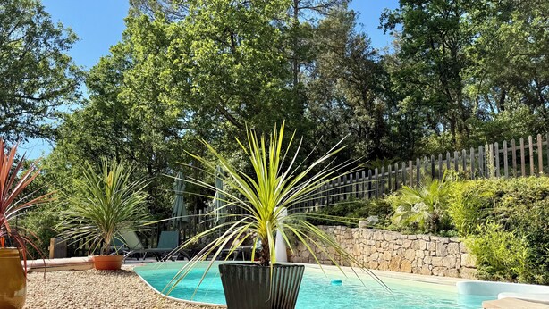 A pool surrounded by potted plants and a stone wall. - Family villa - Breathtaking view of the vineyards - private, fenced pool. (Entrecasteaux)