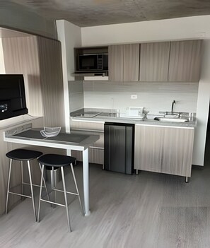 Apartamento clásico | Cocina privada | Frigorífico pequeño, microondas, horno y placa de cocina