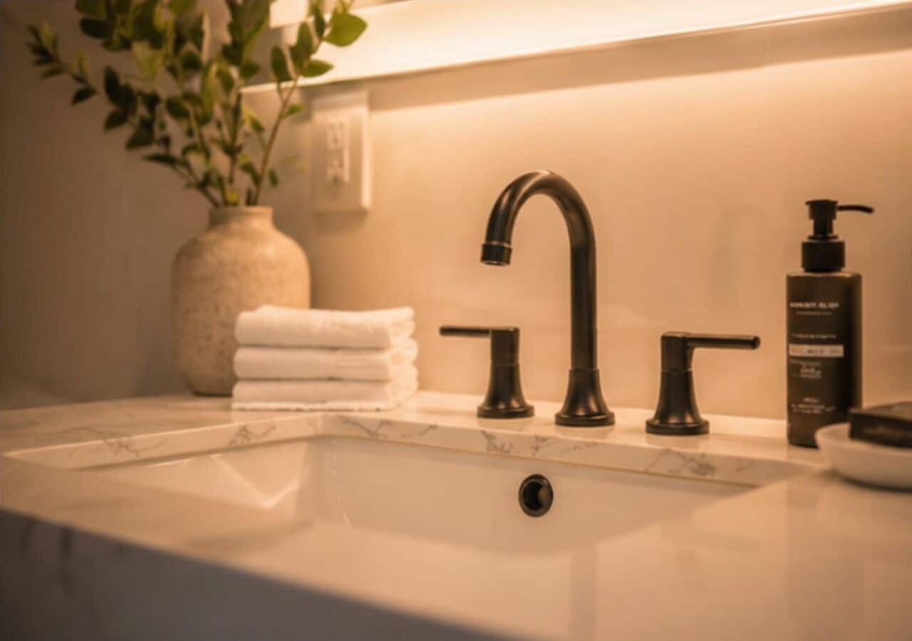 A bathroom sink with a marble countertop, a black faucet, a soap dispenser, and a vase with green leaves.