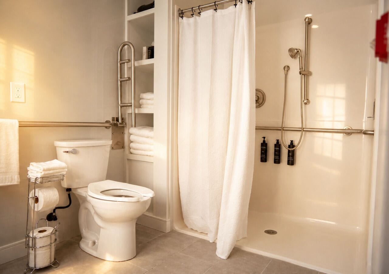 Et badeværelse med toilet, brusebad og håndklædestativ.