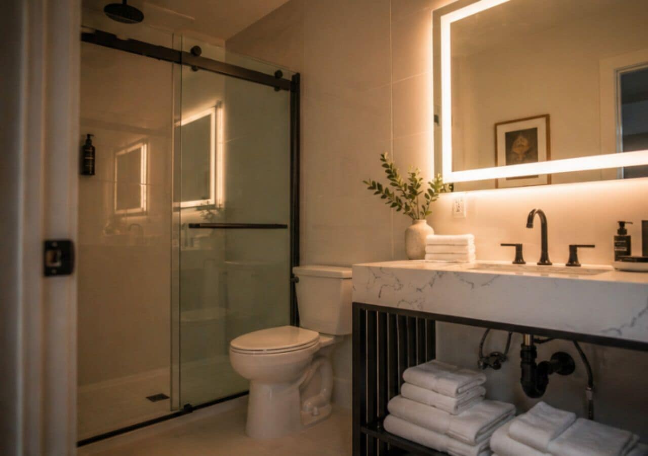 A modern bathroom with a glass shower enclosure, a toilet, a sink with a marble countertop, and a mirror.