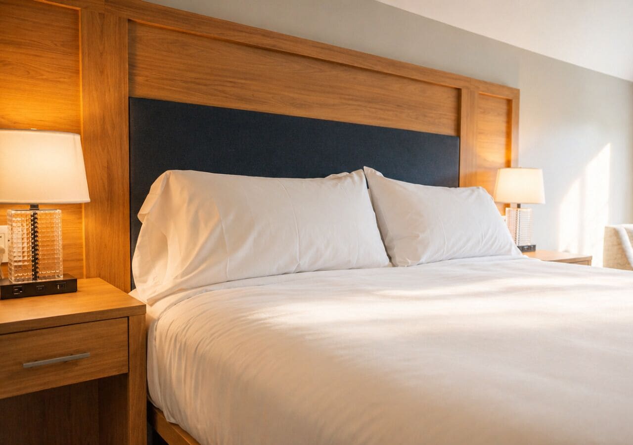 A hotel room with a wooden headboard, a bed with white bedding, two bedside tables with lamps, and a nightstand with a lamp.