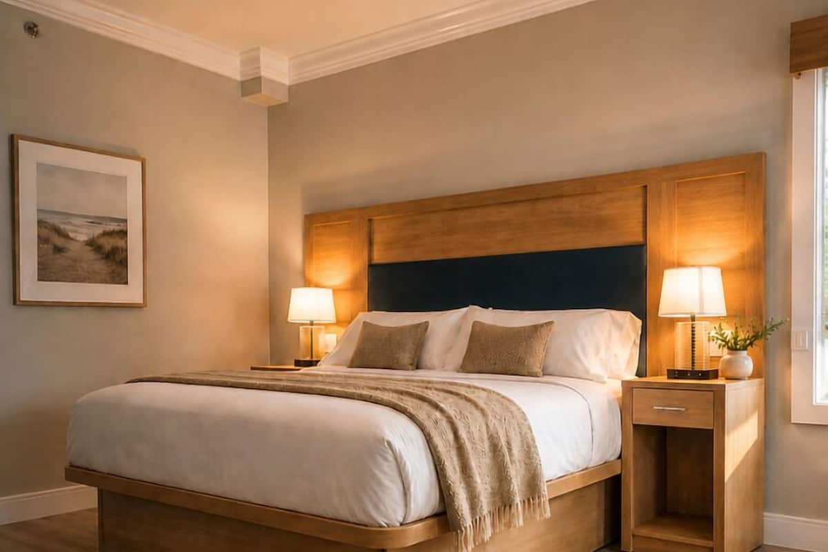 Un dormitorio con una cama de madera, dos mesitas de noche con lámparas, un cuadro enmarcado en la pared y una ventana con cortinas.