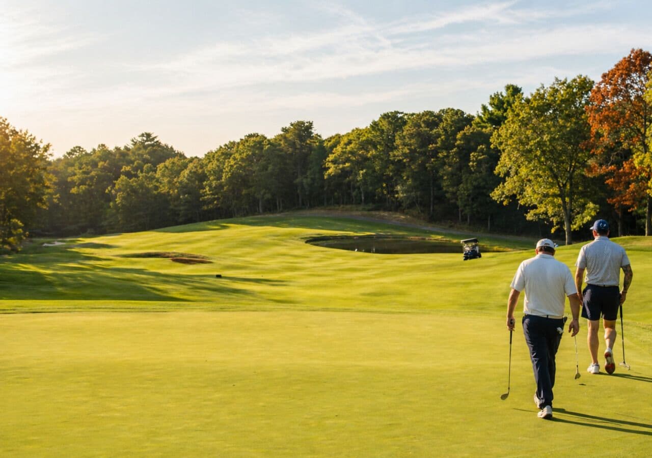 En golfbana med en välskött gräsyta, en sandbunker och en puttinggreen.