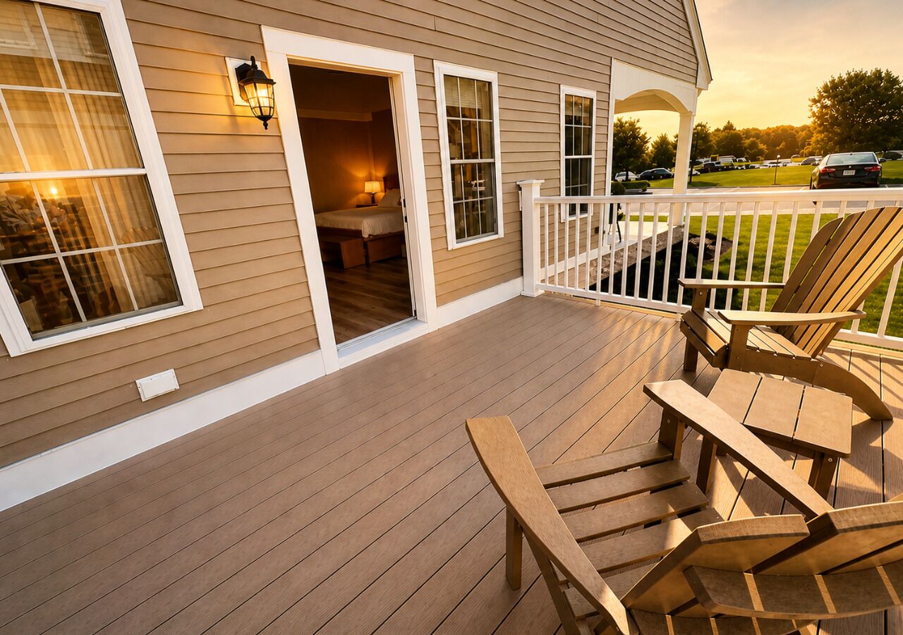 A wooden deck with outdoor seating, a covered entryway, and a view of the surrounding area.