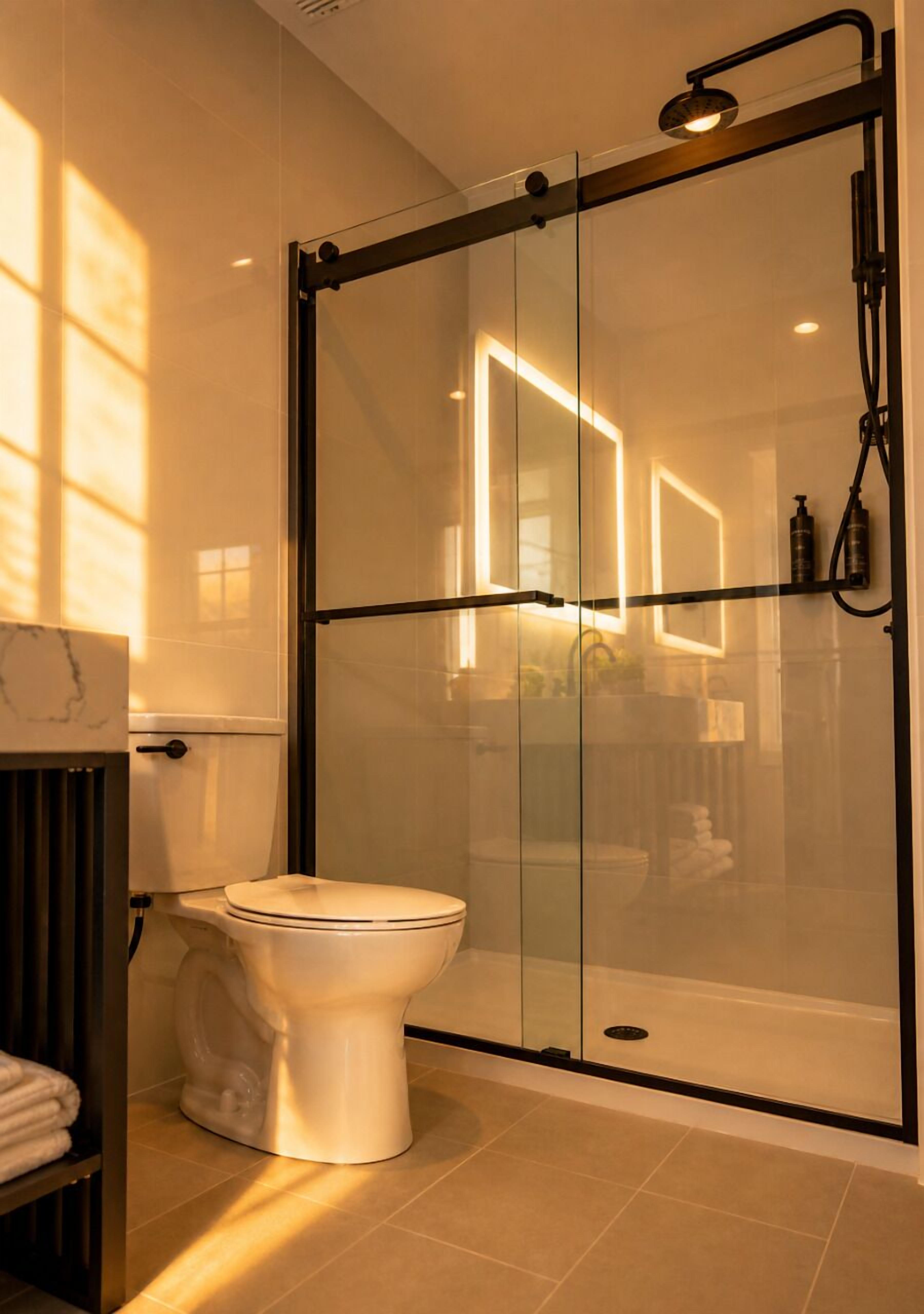 A modern bathroom with a glass-enclosed shower, a toilet, and a marble sink.