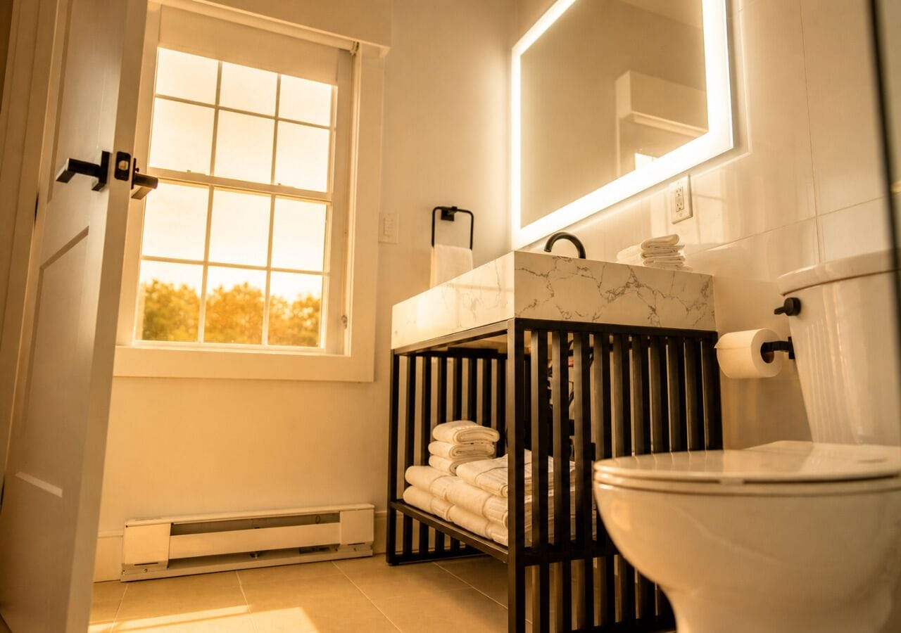 Un bagno con il water, un lavabo con piano in marmo, un portasciugamani e una finestra con persiane.