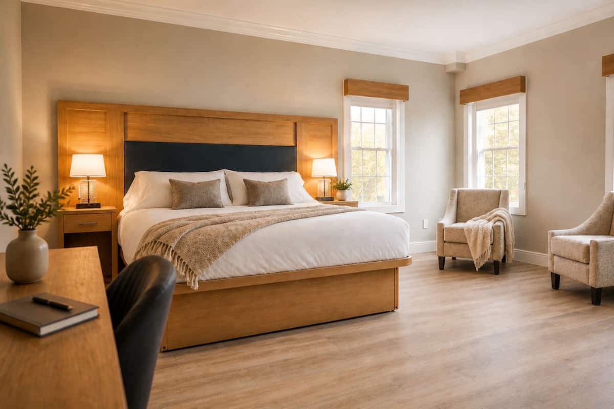 Un dormitorio con una cama grande, mesitas de noche con lámparas, un escritorio y dos sillones.