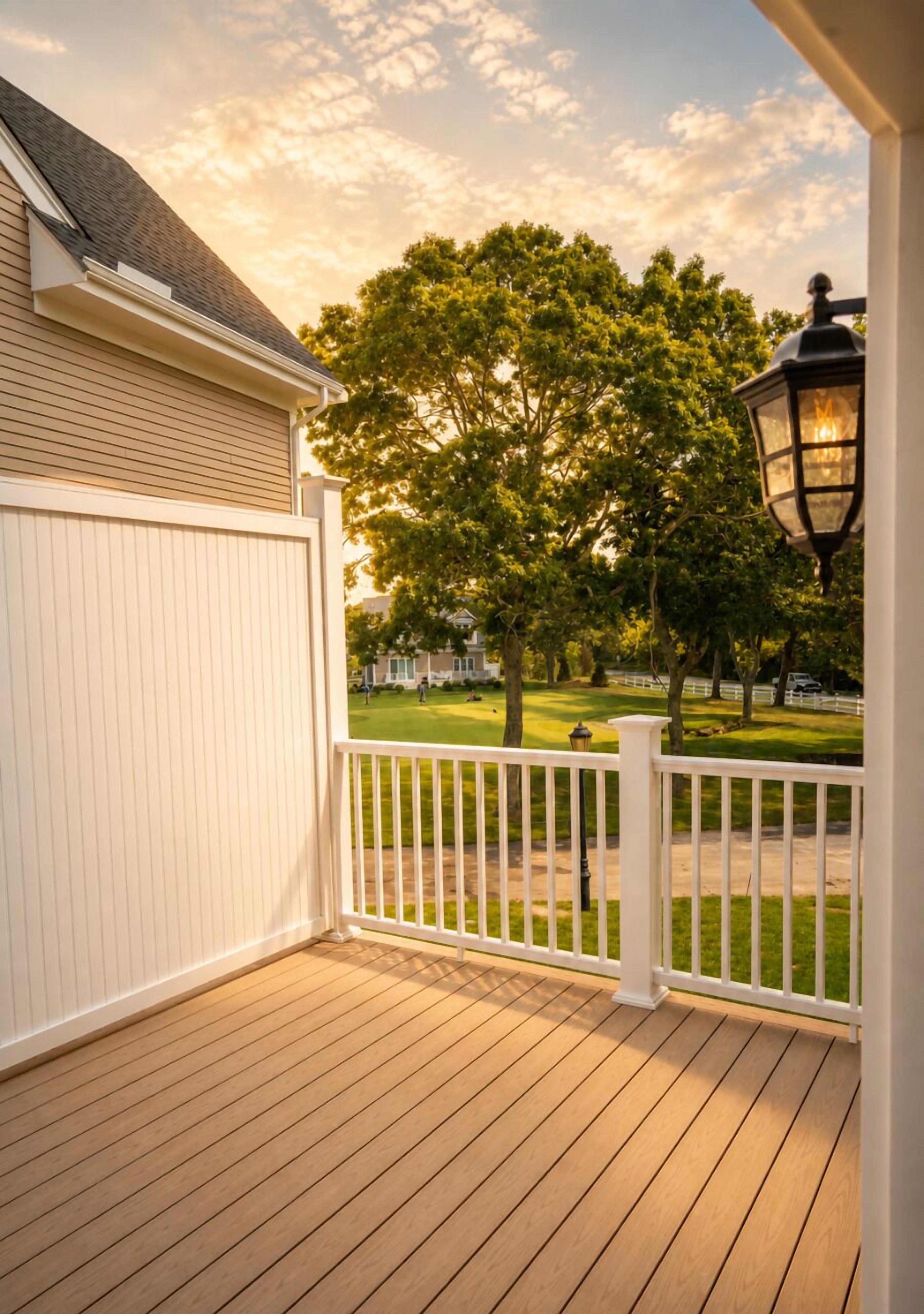 A wooden deck with a white railing, a street lamp, and a view of a green lawn and trees.