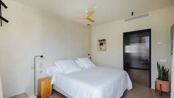 A modern bedroom with a bed, a ceiling fan, a small wooden nightstand, a potted plant, and a door with a view.