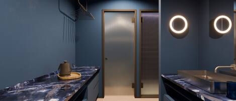 Dusche, Haartrockner, Handtücher, Seife