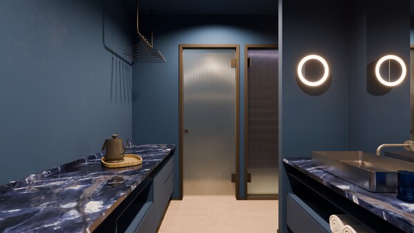 Dusch, hårtork, handdukar och tvål