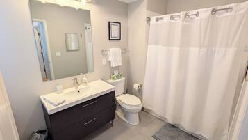 Hair dryer, towels, soap, toilet paper