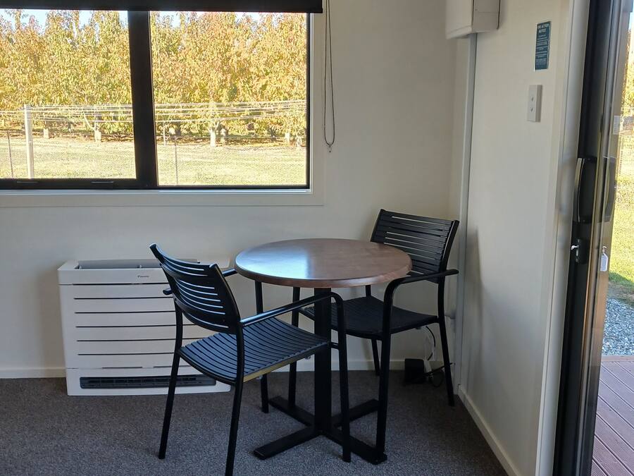 A room with a table and chairs, a window with a view of trees, a radiator, and a door leading outside.