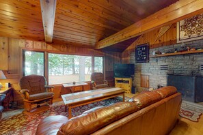 TV, fireplace, books