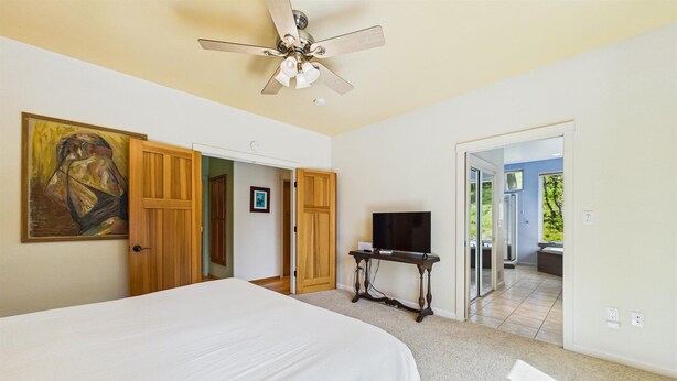 A bedroom with a large bed, a ceiling fan, a TV on a wooden table, and a painting on the wall. - Coastal Canopy-Secluded home with ocean view and jetted tub. Sleeps 6 (Whitethorn)
