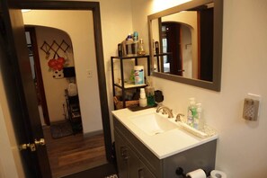 Shower, hair dryer, soap, shampoo