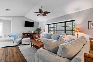TV, fireplace, books
