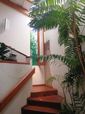 Un escalier en bois, avec un mur blanc à texture et une main courante en bois.