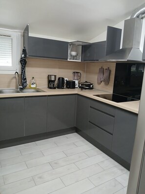 Frigorífico, microondas, horno y placa de cocina