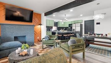 Smart TV, fireplace, foosball, table tennis