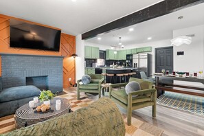 Smart TV, fireplace, table football, ping pong