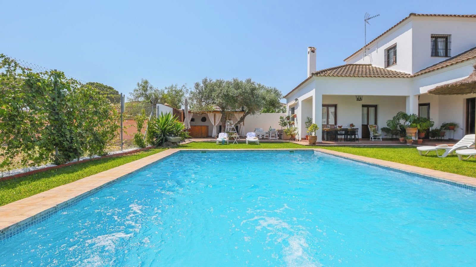 A rectangular swimming pool with a tiled edge, surrounded by a well-maintained lawn and a white building with a tiled roof.
