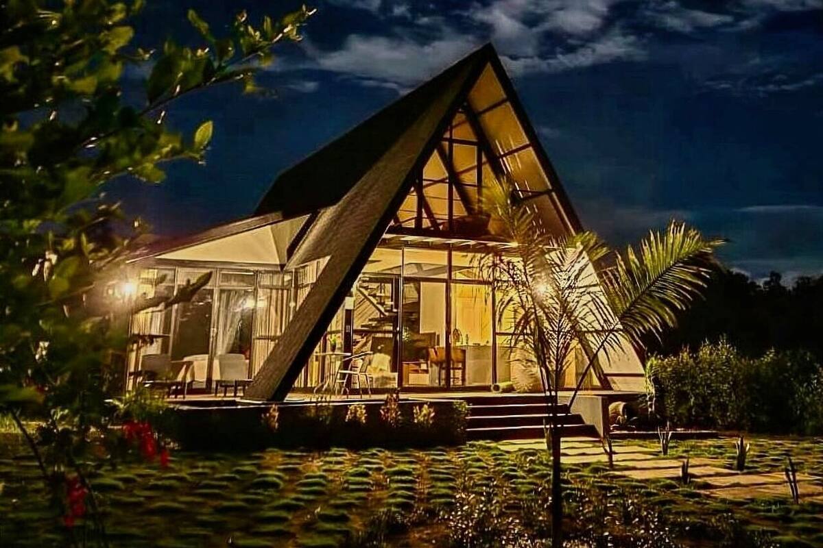 Una casa moderna con techo triangular y ventanas amplias, rodeada de vegetación.