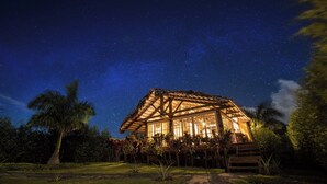 A thatched-roof building with large windows, surrounded by greenery and palm trees, under a starry night sky. - El Resort de Yanashpa - Tarapoto (Cacatachi)