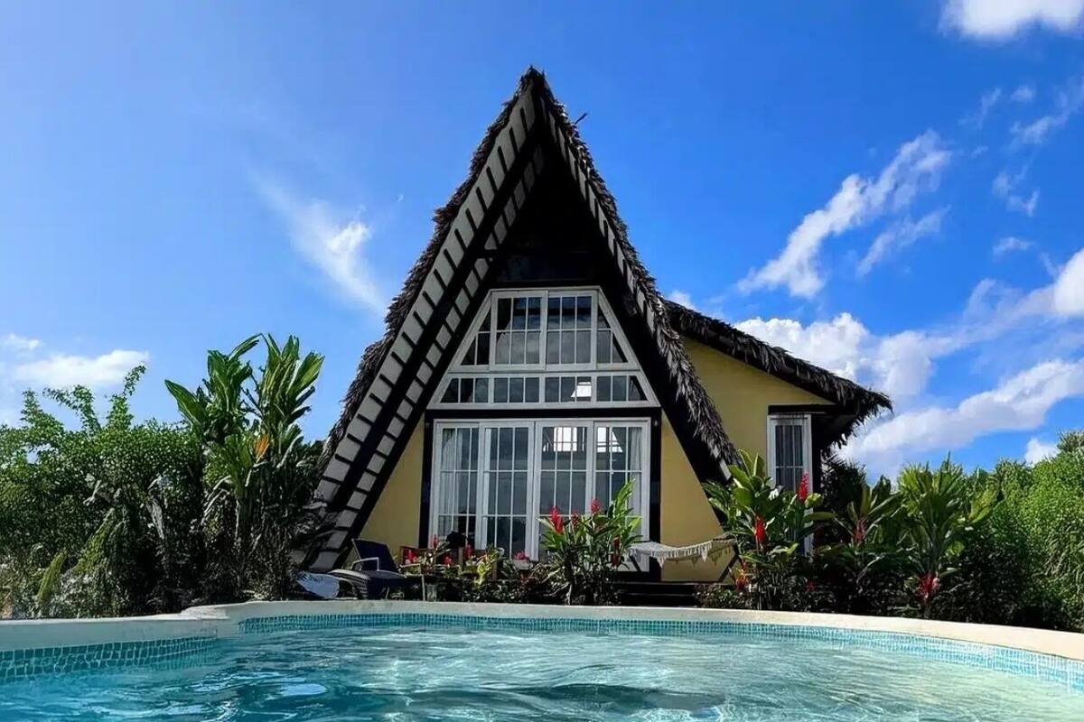 Un edificio con techo triangular y ventanas amplias, rodeado por una piscina y abundante vegetación.