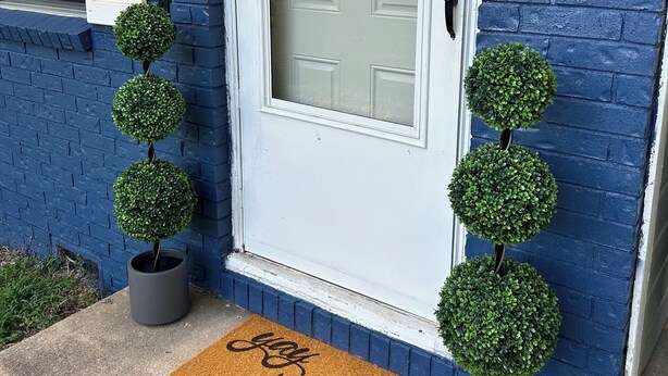 A front door with a glass panel, a mailbox, and two potted topiary plants.