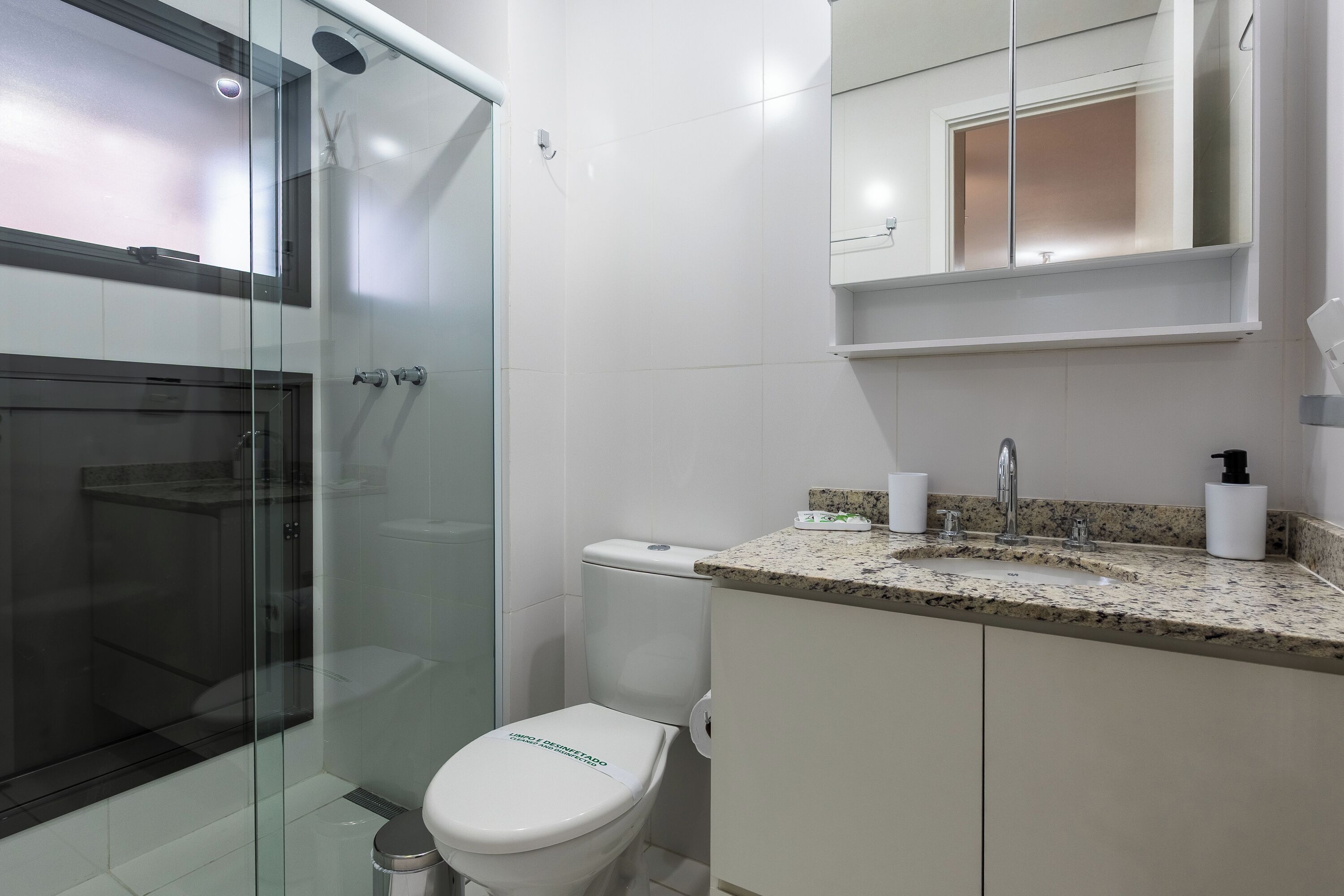 A modern bathroom with a glass-enclosed shower, a white toilet, and a granite countertop sink.