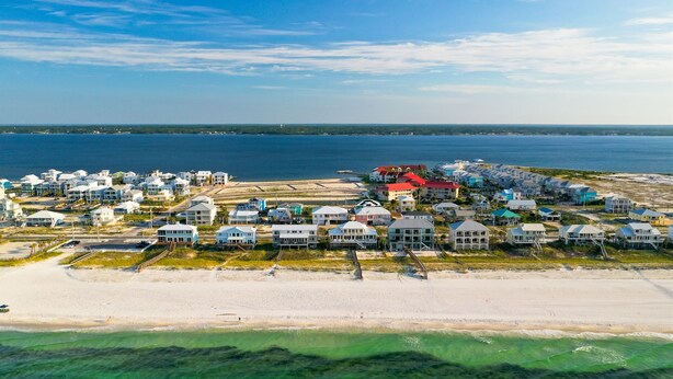 An aerial view of a coastal residential area with houses along the beachfront, a clear sky, and a calm sea. - No Worries, Relaxing Sound side Retreat with pool (Navarre)