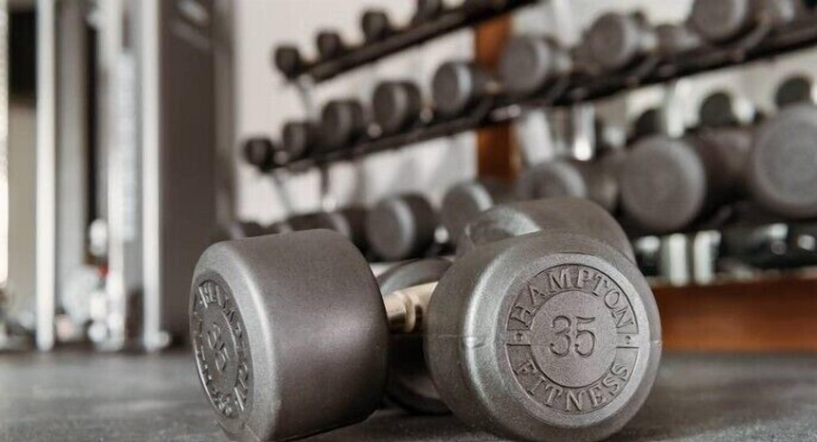 Een paar haltergewichten met de tekst 'HEAMPTON FITNESS' en een gewichtsmarkering van '35'.
