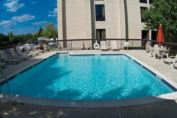 Seasonal outdoor pool, sun loungers