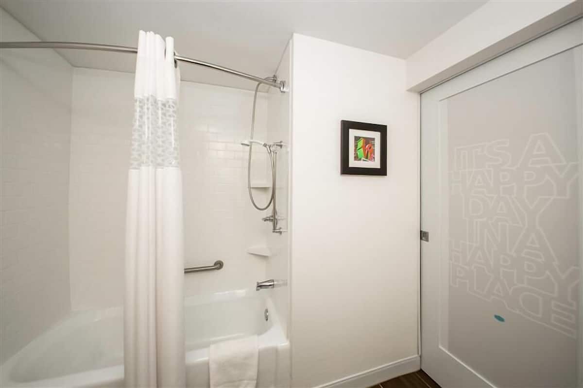 Combined shower/bathtub, free toiletries, hair dryer, towels