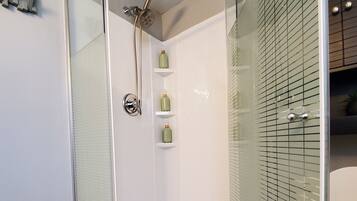 Hair dryer, towels, soap, shampoo