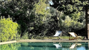 A swimming pool with two lounge chairs, surrounded by dense greenery and trees.