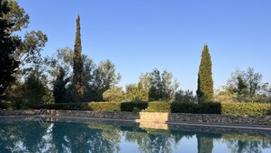 A clear swimming pool with stone walls and a stone staircase leading into it, surrounded by trees and bushes. - Comfort Suite for 4 people (Tarascon)
