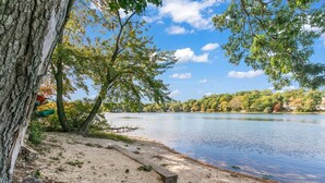 A lakeside view with a sandy beach, a wooden dock, and trees.