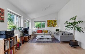 Een smart-tv, een open haard en een stereo