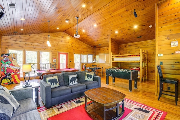 Smart TV, fireplace, video games, foosball