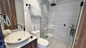 Une salle de bain moderne avec un grand lavabo, des toilettes et une douche.