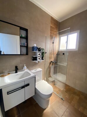 Shower, towels, soap, toilet paper